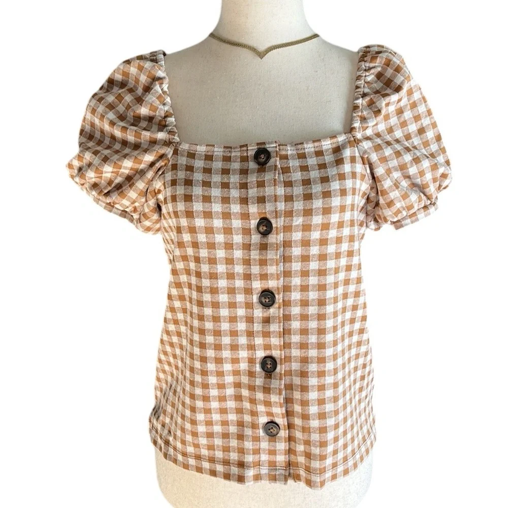 Madewell Gingham Jacquard Square-Neck Puff-Sleeve Top